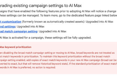 Screenshot of a guide explaining how campaign settings are upgraded to AI Max, highlighting changes in text customization, AI Max, and broad match prioritization. A red box details how AI Max prioritizes keywords differently.