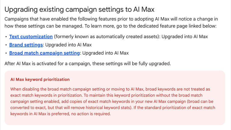 Screenshot of a guide explaining how campaign settings are upgraded to AI Max, highlighting changes in text customization, AI Max, and broad match prioritization. A red box details how AI Max prioritizes keywords differently.