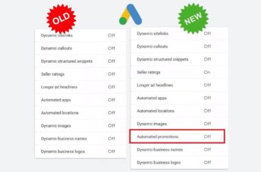 Comparison chart showing old and new Google Ads features. “Automated promotions” is highlighted as a new option in the new column. Both columns list ad features with on/off statuses.