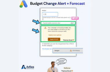 Screenshot of a Google Ads budget change alert and forecast, highlighting a projected weekly conversion value and a warning. Includes AdSea logo, Thomas Eccel’s image, and callouts to follow and subscribe to his newsletter.