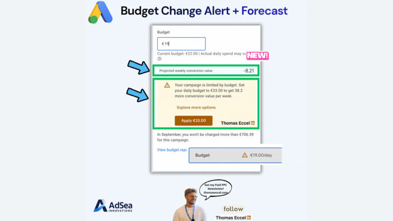 Screenshot of a Google Ads budget change alert and forecast, highlighting a projected weekly conversion value and a warning. Includes AdSea logo, Thomas Eccel’s image, and callouts to follow and subscribe to his newsletter.