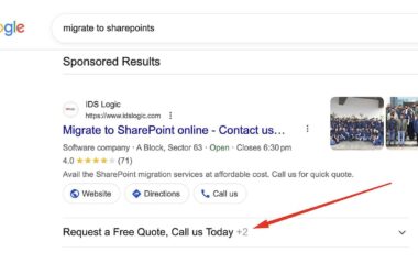 Google search results page showing IDS Logic SharePoint migration ad with collapsed extra assets indicated by plus two button and red arrow pointing to expandable section