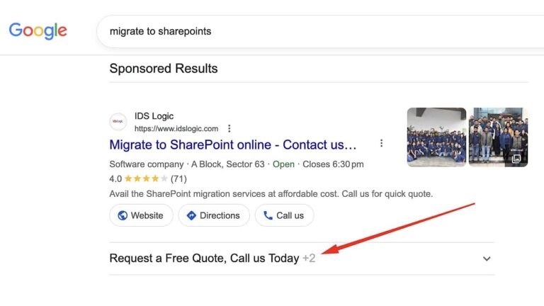Google search results page showing IDS Logic SharePoint migration ad with collapsed extra assets indicated by plus two button and red arrow pointing to expandable section