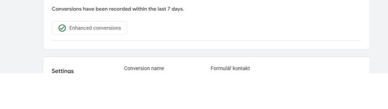 Google Ads conversion action details screen showing active status for Formulář kontakt goal with enhanced conversions enabled and last recorded conversion on Sep 16, 2026