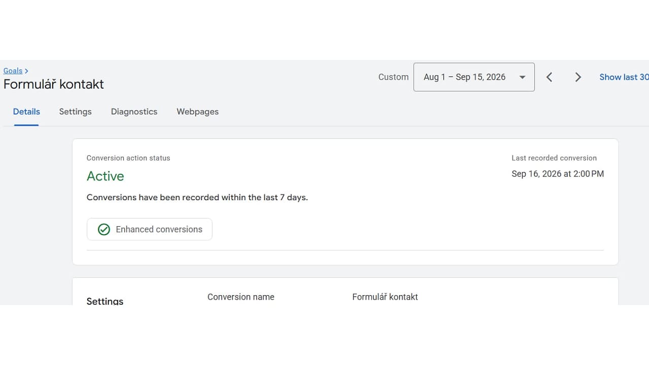 Google Ads conversion action details screen showing active status for Formulář kontakt goal with enhanced conversions enabled and last recorded conversion on Sep 16, 2026