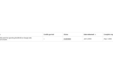 Table showing a Google Ads promotion: “$5,000 credit for spending $20,000.” Status is “Inactivated.” Date released is Jul 2, 2025, and the completion deadline is Aug 1, 2025.