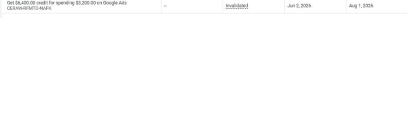 Table showing a Google Ads promotion: “$5,000 credit for spending $20,000.” Status is “Inactivated.” Date released is Jul 2, 2025, and the completion deadline is Aug 1, 2025.