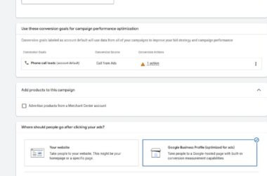 A Google Ads interface shows conversion goal options, product campaign settings, and choices for where people go after clicking ads: “Your website” or “Google Business Profile (optimized for ads).”.