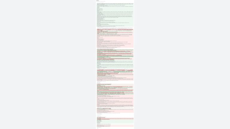 A long screenshot of forum posts with code snippets, error messages, and user comments. The text includes highlighted sections in green and red, indicating additions and deletions or corrections.