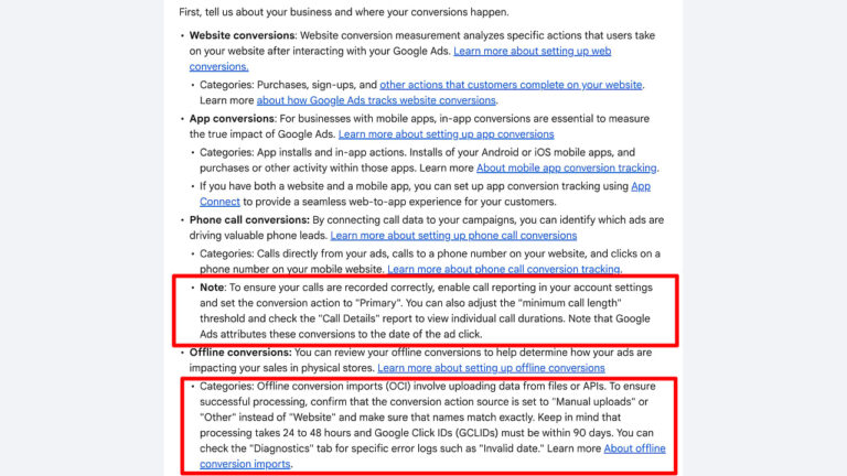 A screenshot of a Google Ads support page shows information on website, app, phone, and offline conversion tracking, with highlighted notes about call recording and offline conversion imports. Several links to related help articles are included.