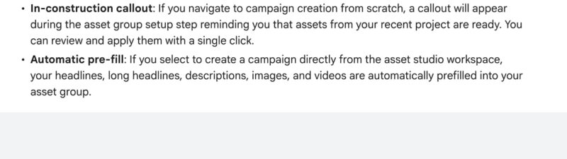 Screenshot of Google Ads help text explaining pre-fill asset groups with generated assets, with two key features: in-construction callout and automatic pre-fill for campaign creation.