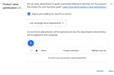 Google Ads interface for setting product value optimization, with options to adjust bidding for specific products. A table below indicates no product value adjustments have been added. Save and Cancel buttons are at the bottom.