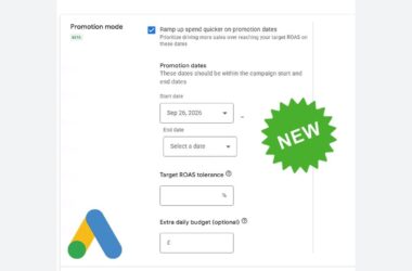 Google Ads Promotion mode settings interface, featuring a checkbox to ramp up spend on specific dates, date range fields, a Target ROAS tolerance field, an extra daily budget field, and a green “NEW” badge.