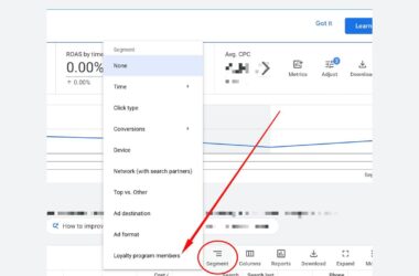 Dropdown menu in Google Ads with “Segment” options visible. A red arrow points from the “Segment” button at the bottom to “Loyalty program members” in the dropdown list.