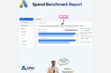 Screenshot of a spend benchmark report with charts, Thomas Eccel’s name highlighted, and a photo of Thomas below saying, “Get my Paid PPC Newsletter!” with “follow” and AdSea Innovations logo.