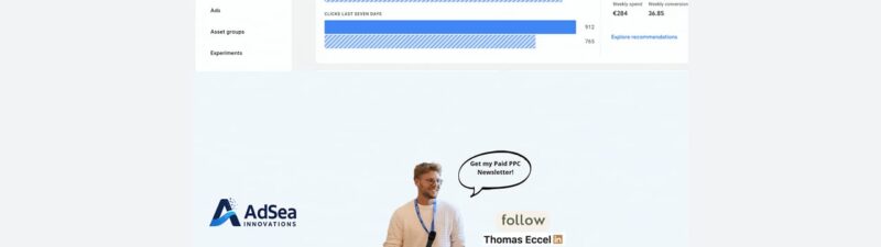 Screenshot of a spend benchmark report with charts, Thomas Eccel’s name highlighted, and a photo of Thomas below saying, “Get my Paid PPC Newsletter!” with “follow” and AdSea Innovations logo.