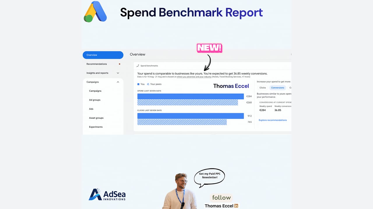 Screenshot of a spend benchmark report with charts, Thomas Eccel’s name highlighted, and a photo of Thomas below saying, “Get my Paid PPC Newsletter!” with “follow” and AdSea Innovations logo.