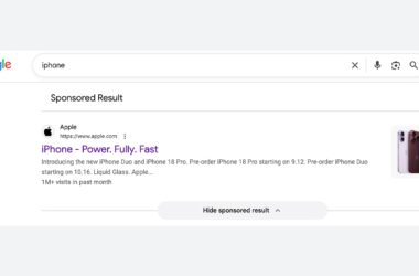 Google search for “iphone” showing a sponsored Apple result for “iPhone – Power. Fully. Fast” with images of two iPhones and preorder information for new models.