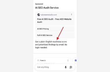 Screenshot of a sponsored Google AI SEO Audit Service advertisement showing features like free AI SEO audit, pricing information, and a full AI SEO service option with a description of getting a readiness score and prioritized findings by email.