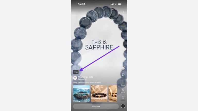 Screenshot of a YouTube Shorts ad for Mesmerize India featuring a sapphire beaded bracelet with "THIS IS SAPPHIRE" text and an AI label indicator pointing to the sponsored content.