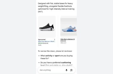 Two athletic shoes are shown: a black Nike Free Metcon 6 priced at $99.99, and a white Nike Metcon 10 priced at $155.00. Above, text describes qualities for weightlifting and HIIT exercises.