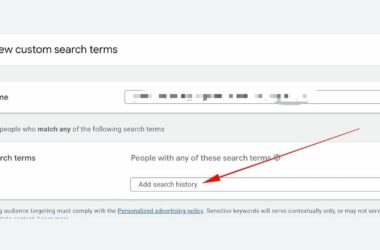 Screenshot of a web form titled “New custom search terms.” An arrow points to a box labeled “Add search history” under a section for entering search terms.