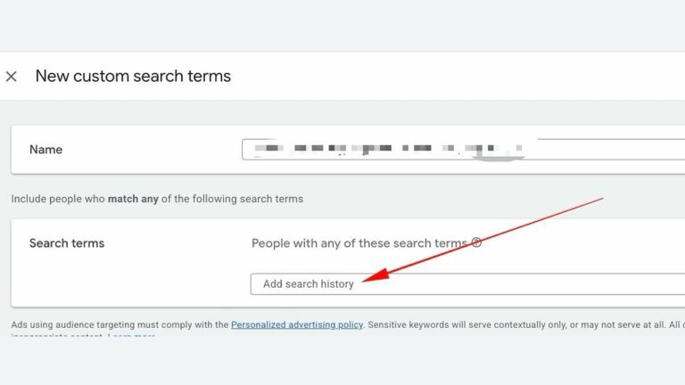 Screenshot of a web form titled “New custom search terms.” An arrow points to a box labeled “Add search history” under a section for entering search terms.