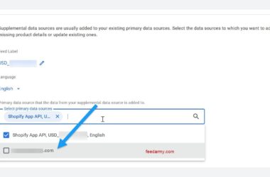 A dropdown menu displays “Shopify App API, USD, English” under primary data sources, with an arrow pointing to “feedarmy.com” as an option to select. A checkbox is next to the feedarmy.com source.