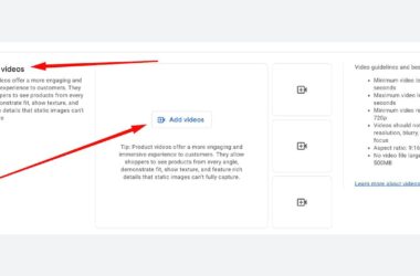 Screenshot of a webpage section for uploading product videos, with red arrows highlighting the “Product videos” heading and the “Add videos” button. Video guidelines are listed on the right side.