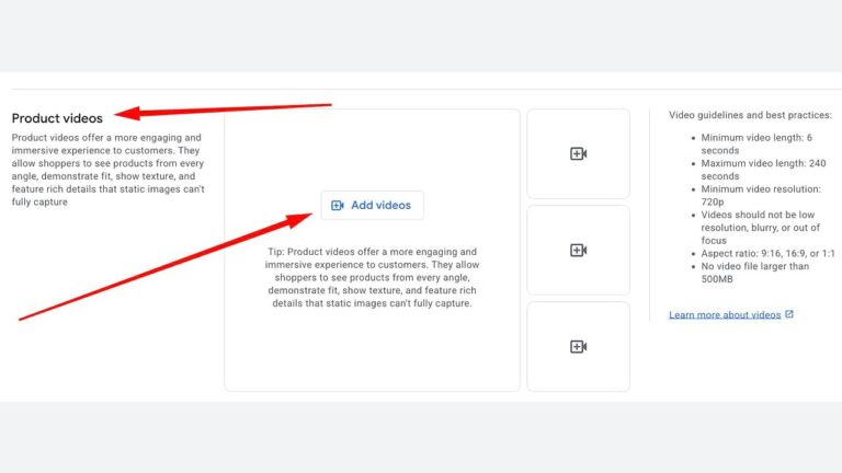 Screenshot of a webpage section for uploading product videos, with red arrows highlighting the “Product videos” heading and the “Add videos” button. Video guidelines are listed on the right side.