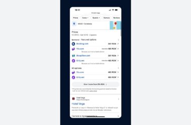 A smartphone screen displays hotel booking options and prices for Hotel Vega in Constanța, with various booking sites and rates listed for selected dates.