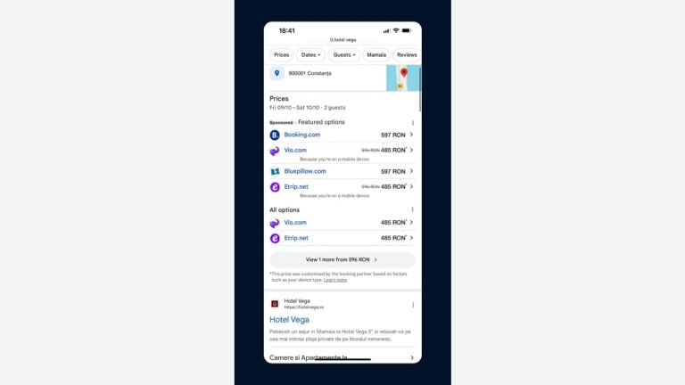 A smartphone screen displays hotel booking options and prices for Hotel Vega in Constanța, with various booking sites and rates listed for selected dates.
