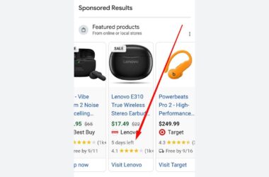 A screenshot shows a Google shopping ad for Lenovo E310 earbuds on sale for $17.49 with 5 days left, 4.1-star rating from over 1,000 reviews, and a red arrow pointing at the listing.