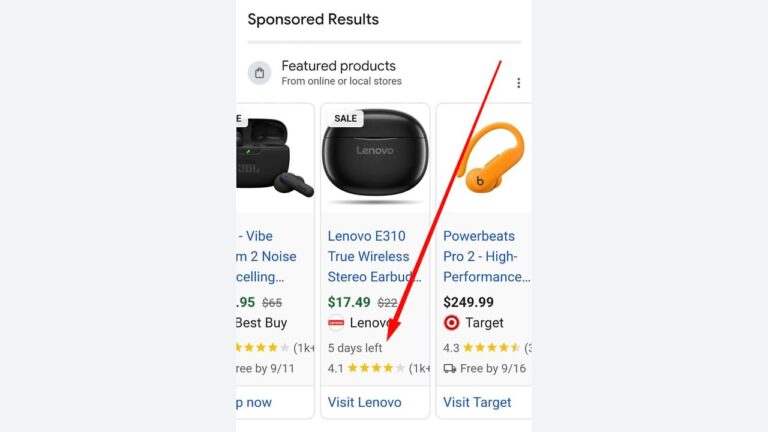 A screenshot shows a Google shopping ad for Lenovo E310 earbuds on sale for $17.49 with 5 days left, 4.1-star rating from over 1,000 reviews, and a red arrow pointing at the listing.
