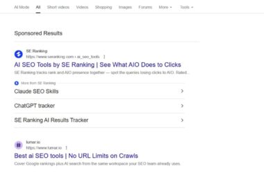 A search engine results page shows sponsored results for AI SEO tools, including SE Ranking and Lumar.io, with descriptions and links under each result.