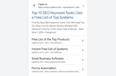 Screenshot of a Capterra webpage listing “Top 10 SEO Keyword Tools.” The page offers free lists of products, systems, small business software, and forms automation, with category tags below each option.