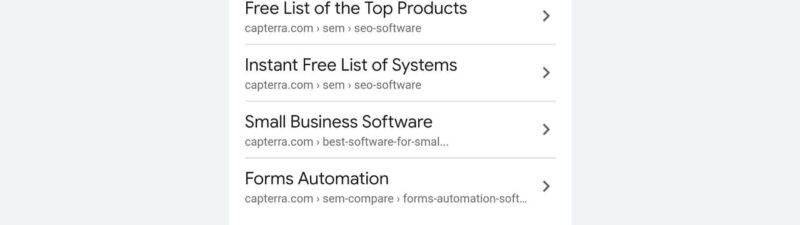 Screenshot of a Capterra webpage listing “Top 10 SEO Keyword Tools.” The page offers free lists of products, systems, small business software, and forms automation, with category tags below each option.