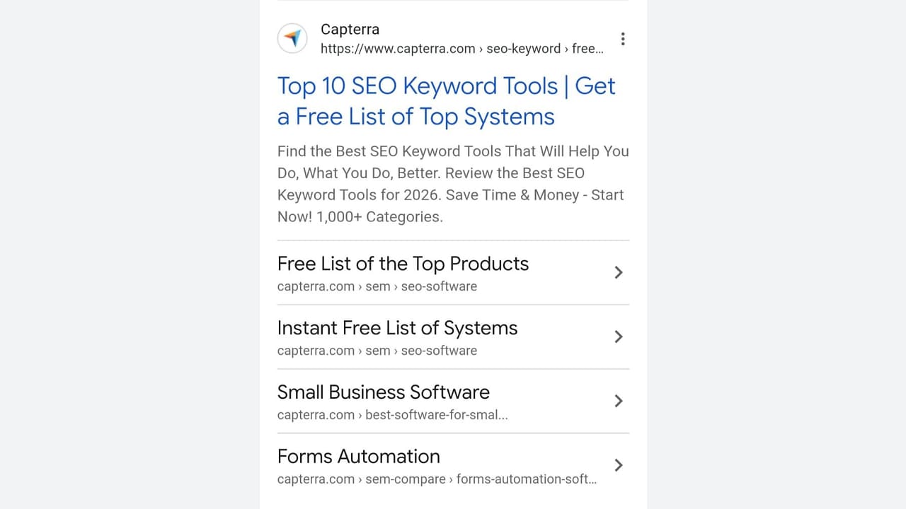 Screenshot of a Capterra webpage listing “Top 10 SEO Keyword Tools.” The page offers free lists of products, systems, small business software, and forms automation, with category tags below each option.