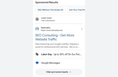A screenshot of a Google search ad for SEO consulting by Ranknality, offering free consultations and up to 50% off on packages for Labor Day. Buttons for Google Messages and hiding sponsored results are visible.