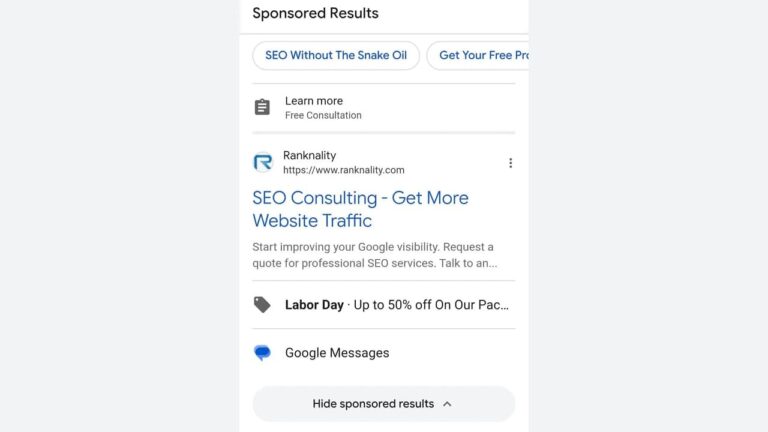 A screenshot of a Google search ad for SEO consulting by Ranknality, offering free consultations and up to 50% off on packages for Labor Day. Buttons for Google Messages and hiding sponsored results are visible.
