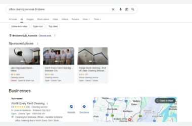 Google search results page for “office cleaning services Brisbane” showing sponsored businesses, map options, and photos related to cleaning. The map highlights locations in Brisbane, with business names and ratings visible.