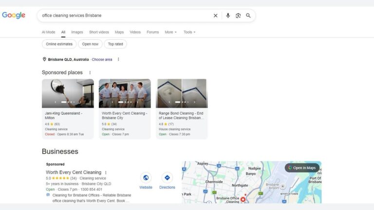 Google search results page for “office cleaning services Brisbane” showing sponsored businesses, map options, and photos related to cleaning. The map highlights locations in Brisbane, with business names and ratings visible.