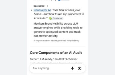 A screenshot of a sponsored result for “Conductor AI” describing its features: monitoring brand visibility, content optimization tools, and bot crawler activity. Text about AI SEO audit appears below.