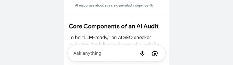 A screenshot of a sponsored result for “Conductor AI” describing its features: monitoring brand visibility, content optimization tools, and bot crawler activity. Text about AI SEO audit appears below.