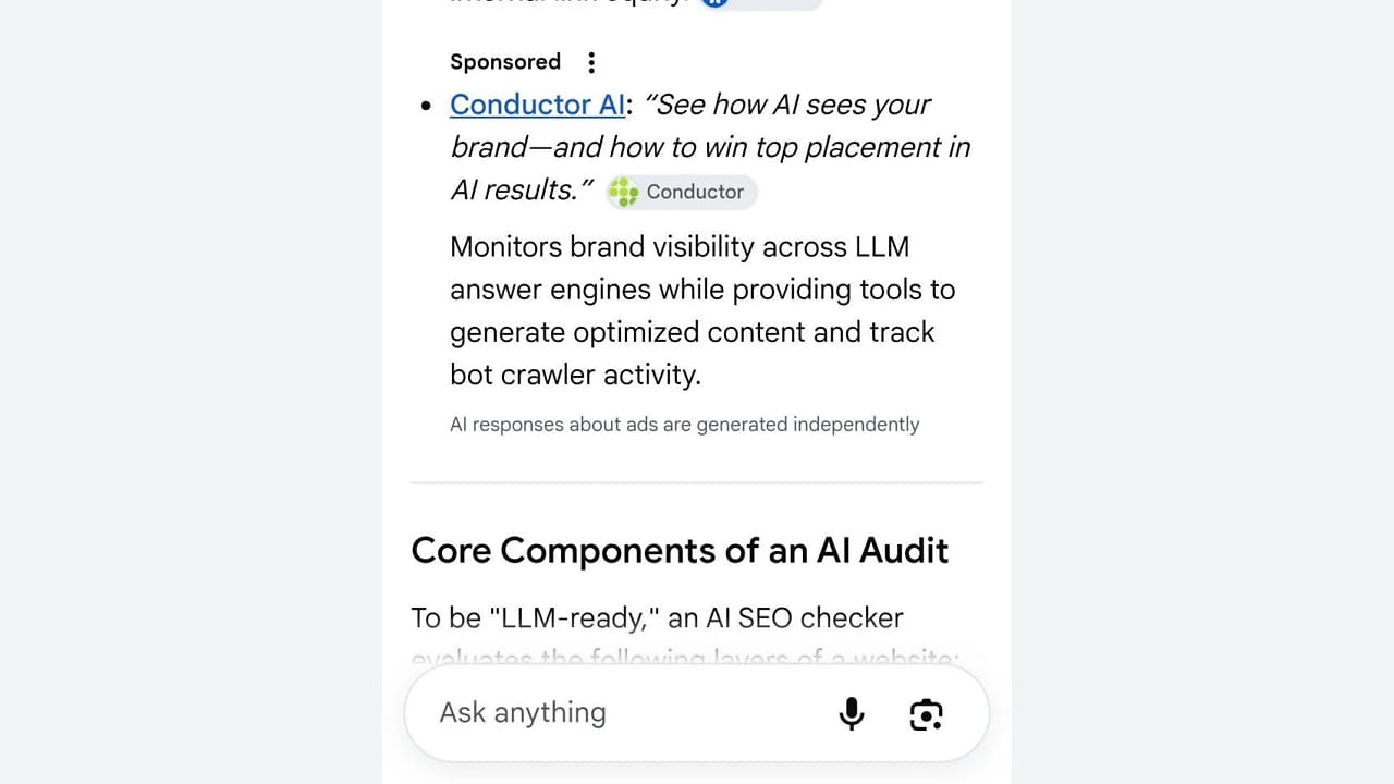 A screenshot of a sponsored result for “Conductor AI” describing its features: monitoring brand visibility, content optimization tools, and bot crawler activity. Text about AI SEO audit appears below.
