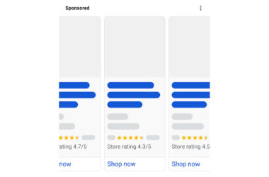 A screenshot of three online product ads with blurred images and text, each showing store ratings of 4.7/5, 4.3/5, and 4.5/5, and “Shop now” links below.