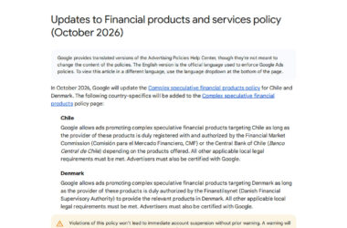 Google Updates Financial Products Policy for Chile and Denmark
