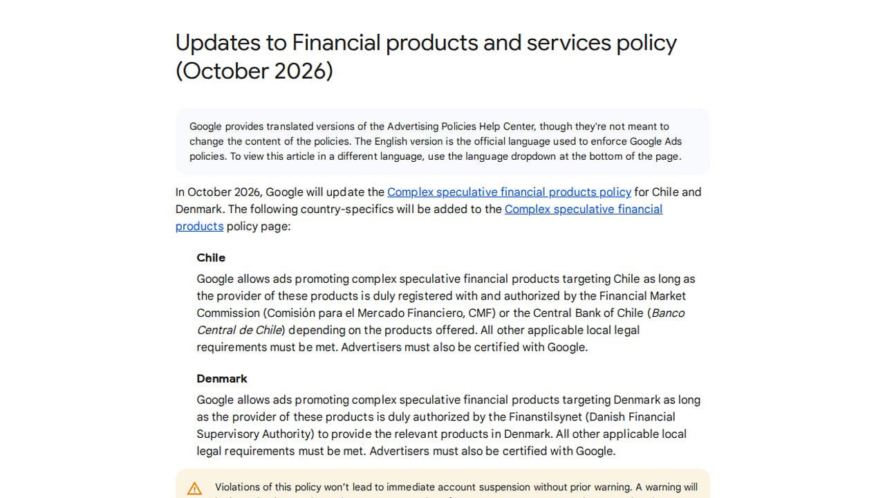 Google Updates Financial Products Policy for Chile and Denmark