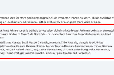 Screenshot showing a list of countries where Waze Ads are available through Performance Max campaigns, highlighted by a red box. The list includes countries like the US, UK, Canada, Australia, Brazil, and many others.