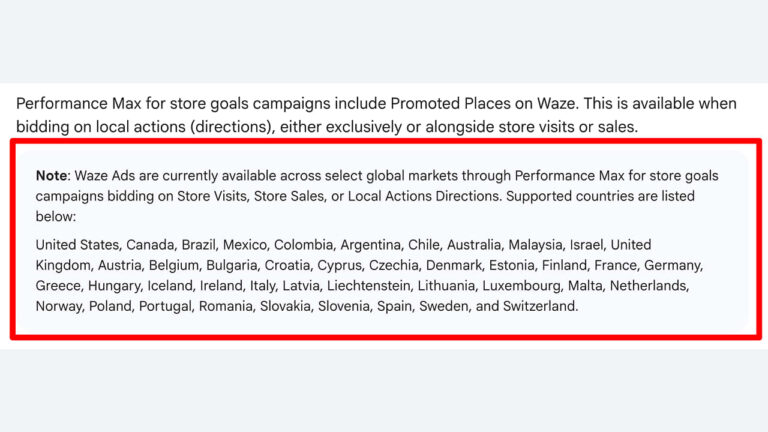 Screenshot showing a list of countries where Waze Ads are available through Performance Max campaigns, highlighted by a red box. The list includes countries like the US, UK, Canada, Australia, Brazil, and many others.